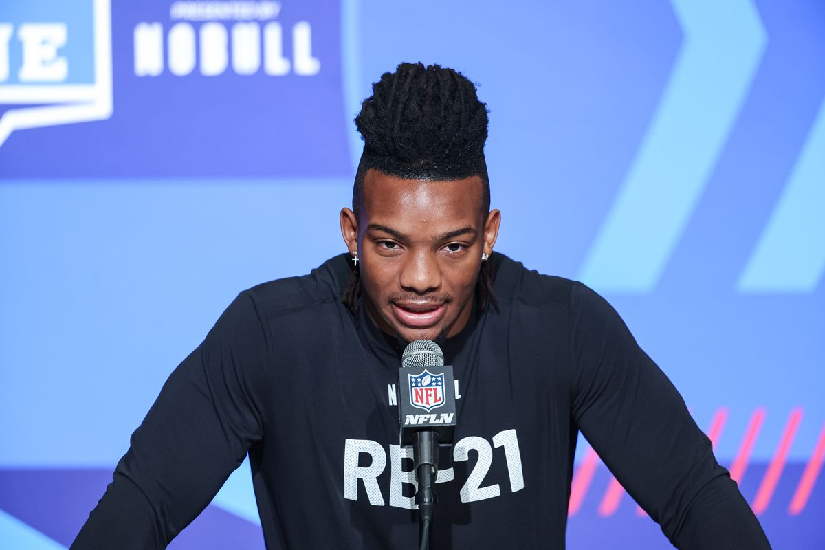 Running back Bijan Robinson of Texas speaks to the media during the NFL Combine at Lucas Oil Stadium on March 4, 2023 in Indianapolis, Indiana.