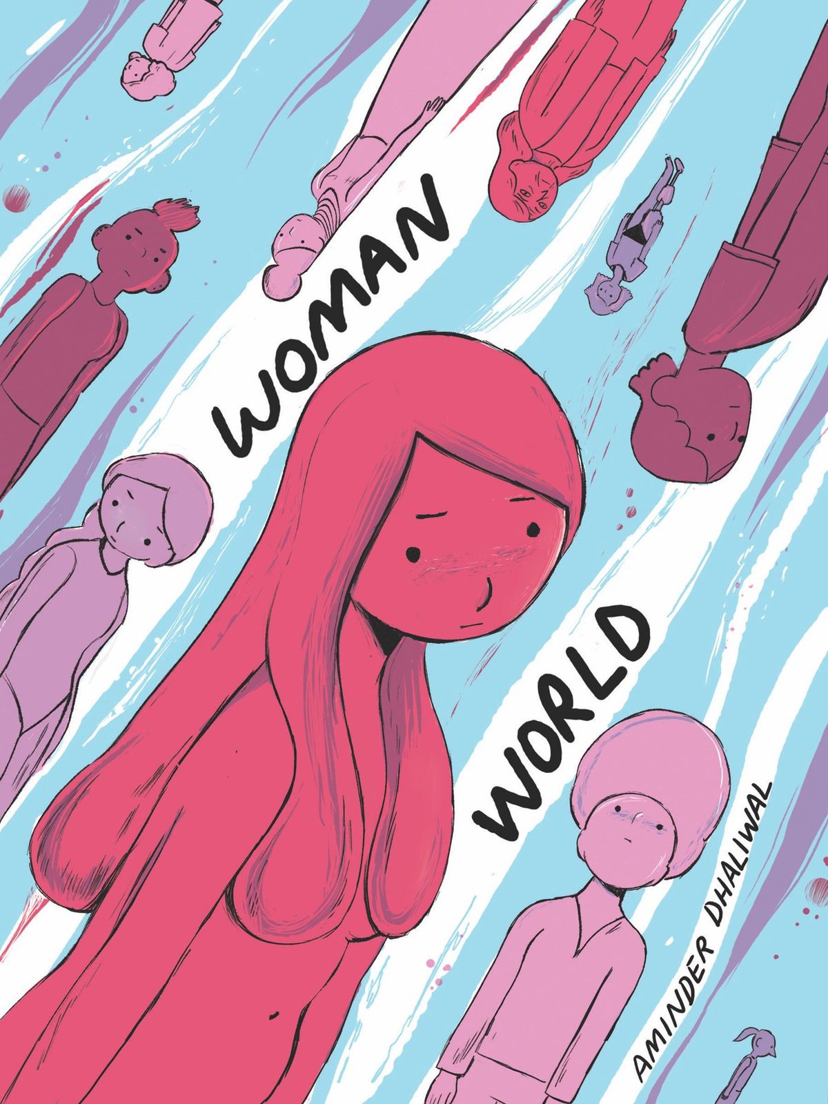 Many women, rendered in shades of pink, move through an abstract blue space on the cover of Woman World. 
