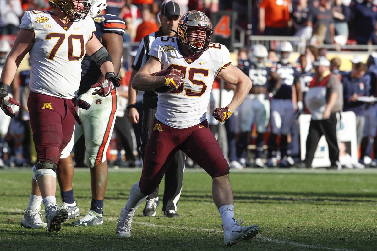 Minnesota Golden Gophers tight end Bryce Witham celebrates after catching a pass for a 1st down in the 4th quarter of the Outback Bowl between the Auburn Tigers and Minnesota Golden Gophers on January 01, 2020 at Raymond James Stadium in Tampa, FL.