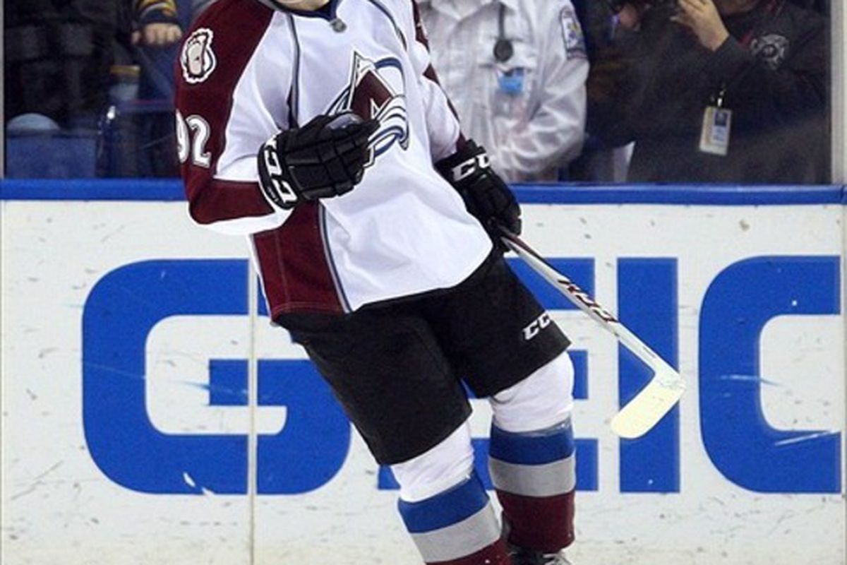 Mar 14, 2012; Buffalo, NY, USA;  Colorado Avalanche left wing Gabriel Landeskog (92) celebrates a goal during the second period against the Buffalo Sabres at the First Niagara Center.  Mandatory Credit: Timothy T. Ludwig-US PRESSWIRE