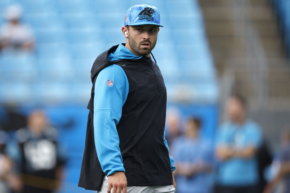 Baker Mayfield #6 of the Carolina Panthers warms up before the game against the Cleveland Browns at Bank of America Stadium on September 11, 2022 in Charlotte, North Carolina.