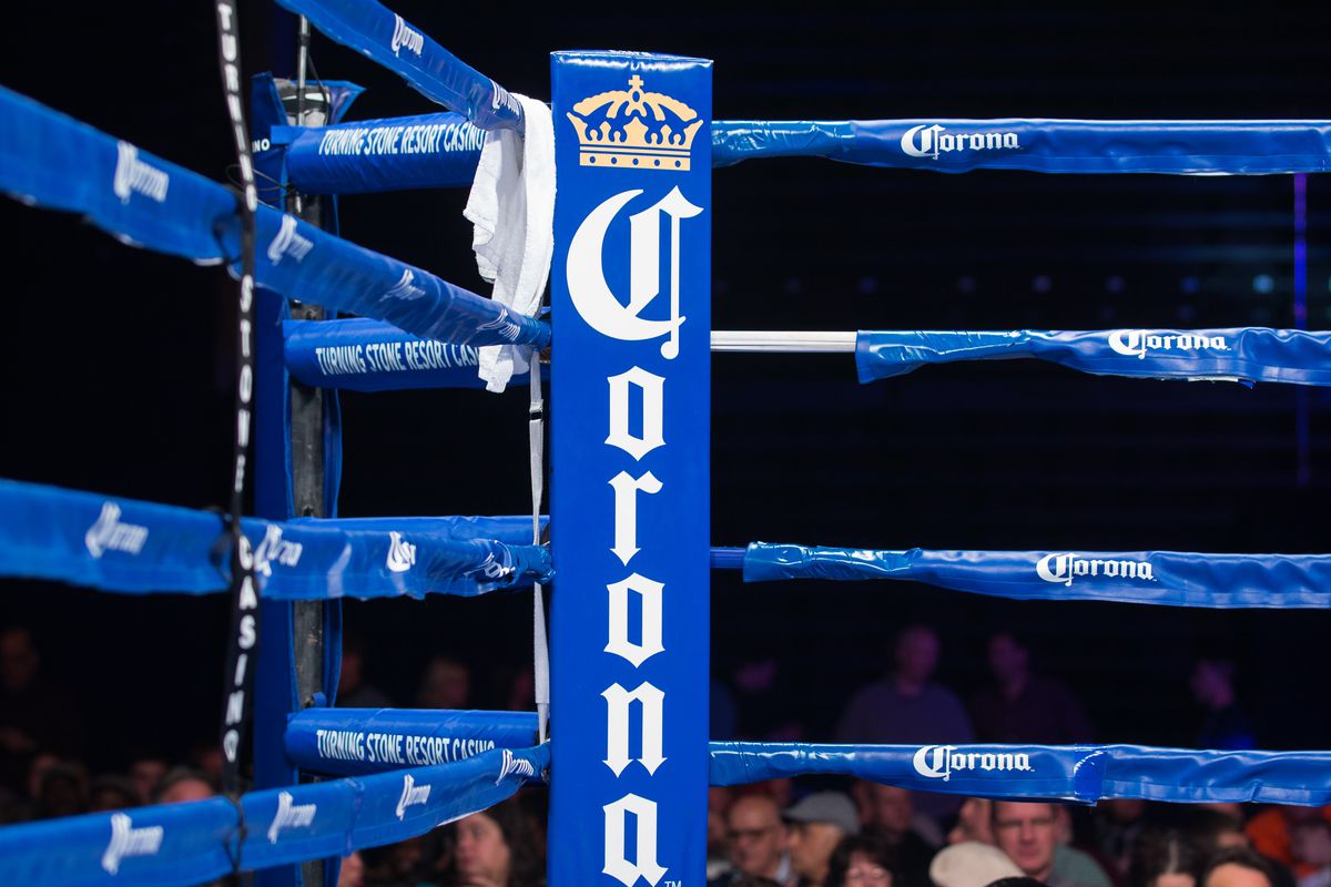 The blue corner decorated with a Corona logo for ESPN’s Friday Night Fights on January 16, 2015 at Turning Stone Casino in Verona, New York.