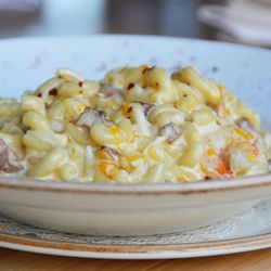 Gulf Coast mac & cheese features a hefty dose of seafood.