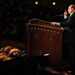President Thomas S. Monson speaks at the morning session of the 183rd Annual General Conference of The Church of Jesus Christ of Latter-day Saints in the Conference Center in Salt Lake City on Sunday, April 7, 2013.