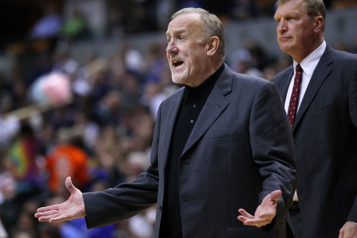 April 16, 2012; Indianapolis, IN, USA; Minnesota Timberwolves head coach Rick Adelman protests a call against the Indiana Pacers at Bankers Life Fieldhouse. Indiana defeated Minnesota 111-88. Mandatory credit: Michael Hickey-US PRESSWIRE