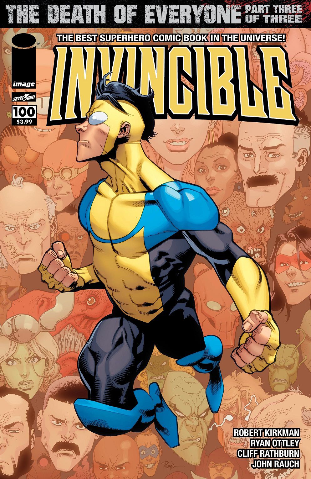 Invincible strikes a pose on the cover of Invincible #100. 