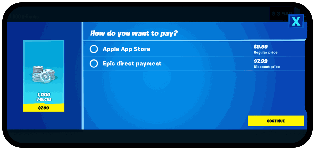 A screenshot from Fortnite, showing various ways to pay for V-bucks.