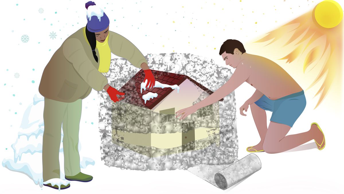 Illustration of two people wrapping a dollhouse-sized house in insulation. One person is dressed for cold weather and the other is dressed for hot weather.