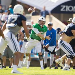 BYU quarterback Tanner Mangum delivers a pass during a scrimmage Thursday, Aug. 17, 2017, at LaVell Edwards Stadium.