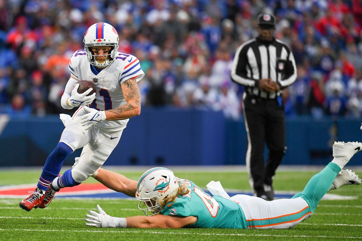 Buffalo Bills wide receiver Cole Beasley (11) runs with the ball past Miami Dolphins outside linebacker Andrew Van Ginkel (43) during the second half at Highmark Stadium.