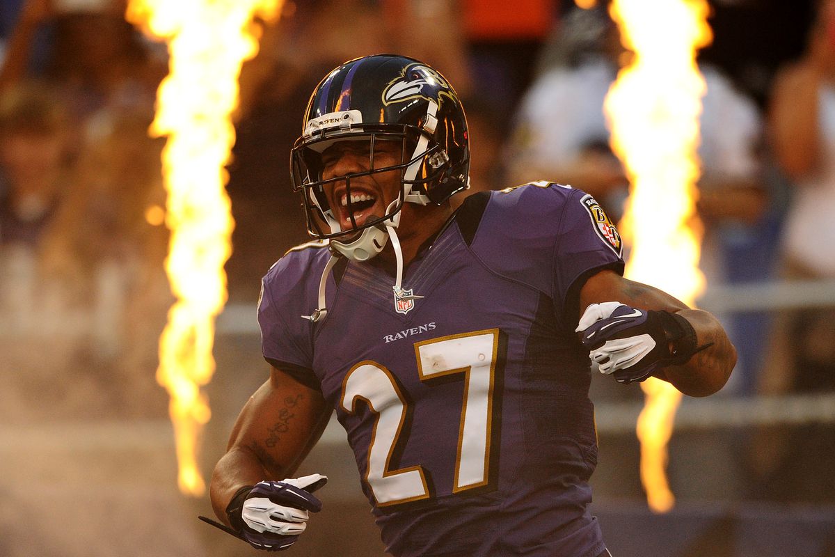 BALTIMORE, MD - AUGUST 23: Running back Ray Rice #27 of the Baltimore Ravens is introduced before playing the Jacksonville Jaguars at M&T Bank Stadium on August 23, 2012 in Baltimore, Maryland. (Photo by Patrick Smith/Getty Images)