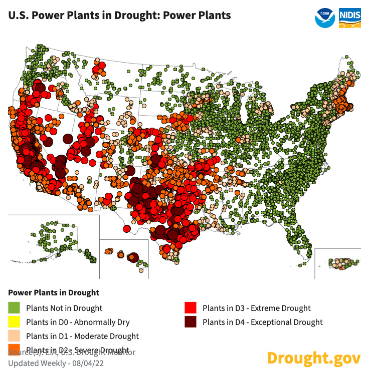 Map of power plants in the US facing drought conditions