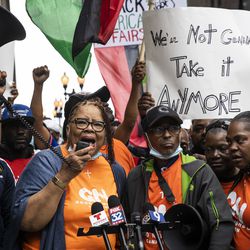 Jacqueline Reed, founder of the Westside Health Authority, speaks during a rally outside the Chicago Housing Authority headquarters in the Loop, decrying economic disparities for black communities in the city, Monday morning, May 3, 2021.