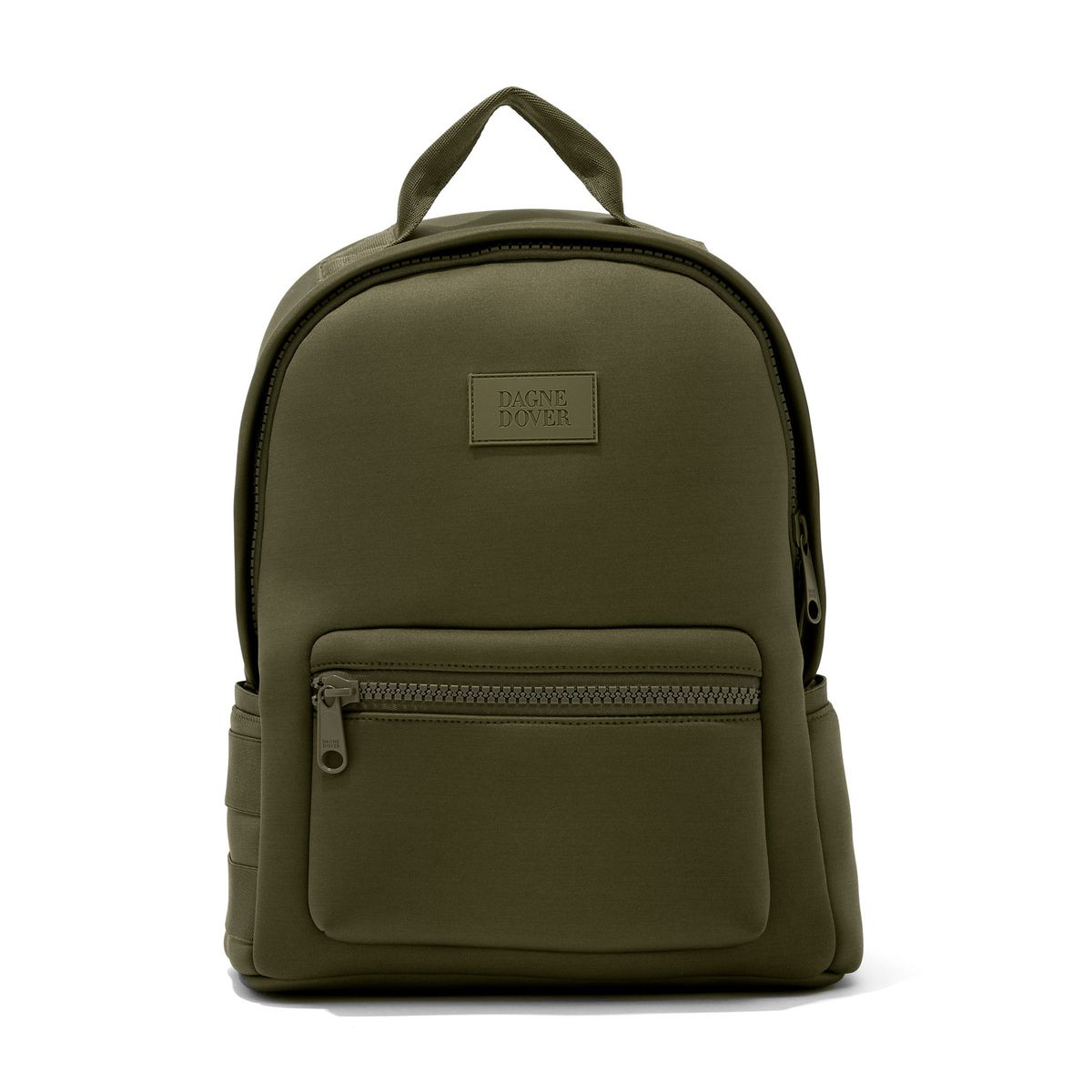Army green neoprene backpack.
