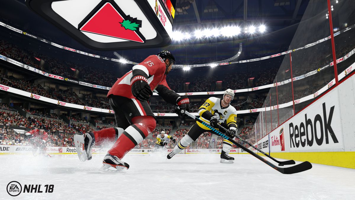 NHL 18 - Eric Karlsson using Defensive Skill Stick to hold off Sidney Crosby