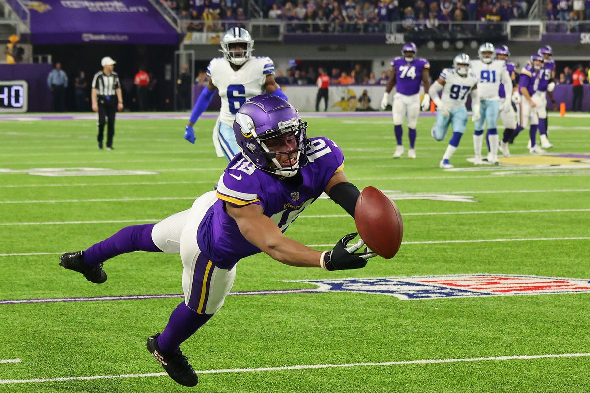 Justin Jefferson #18 of the Minnesota Vikings can’t catch a pass from Kirk Cousins #8 (not pictured) during the first quarter against the Dallas Cowboys at U.S. Bank Stadium on October 31, 2021 in Minneapolis, Minnesota.