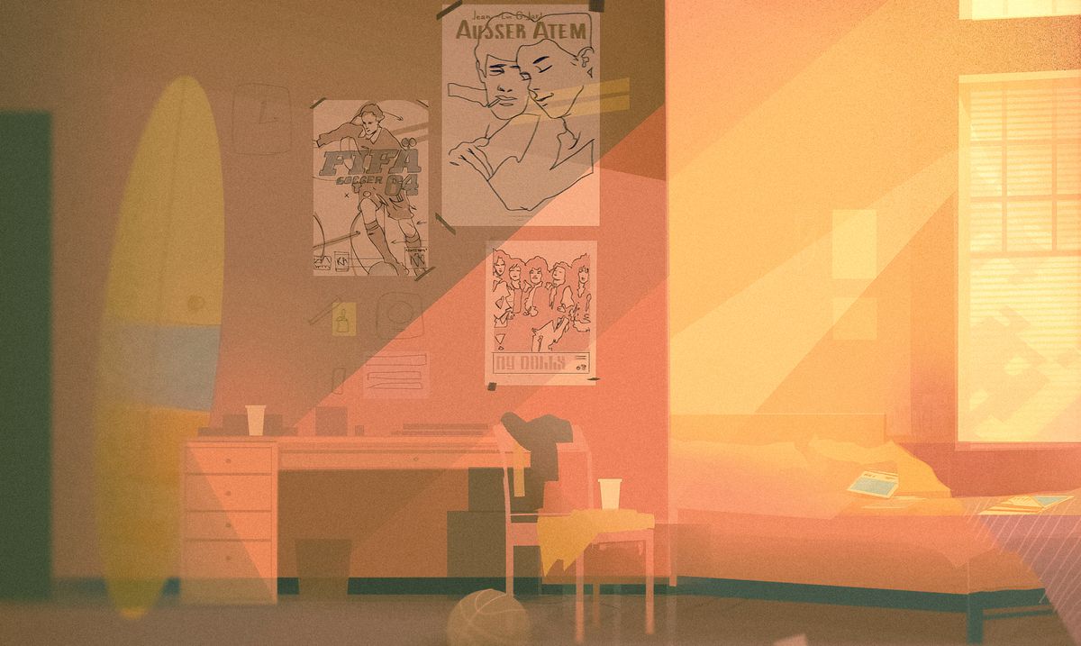 Illustration of the interior of a bedroom with posters on the walls and a surfboard leaning against a desk.