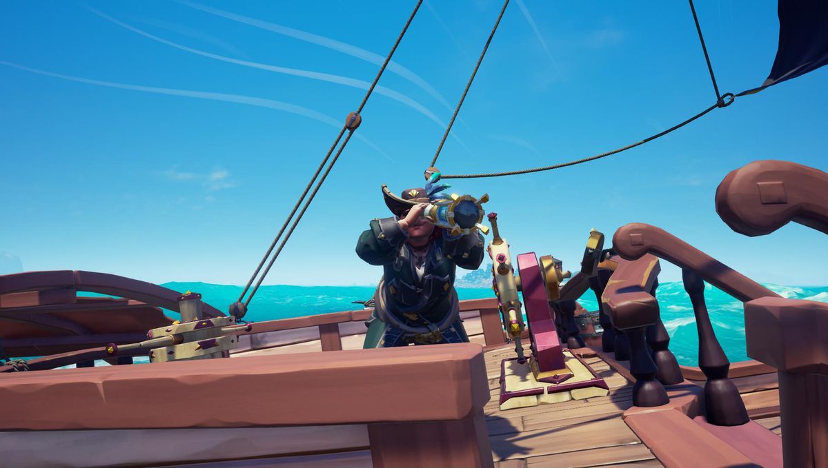 Sea of Thieves - a player holds a looking glass up to their eye to survey the horizon.