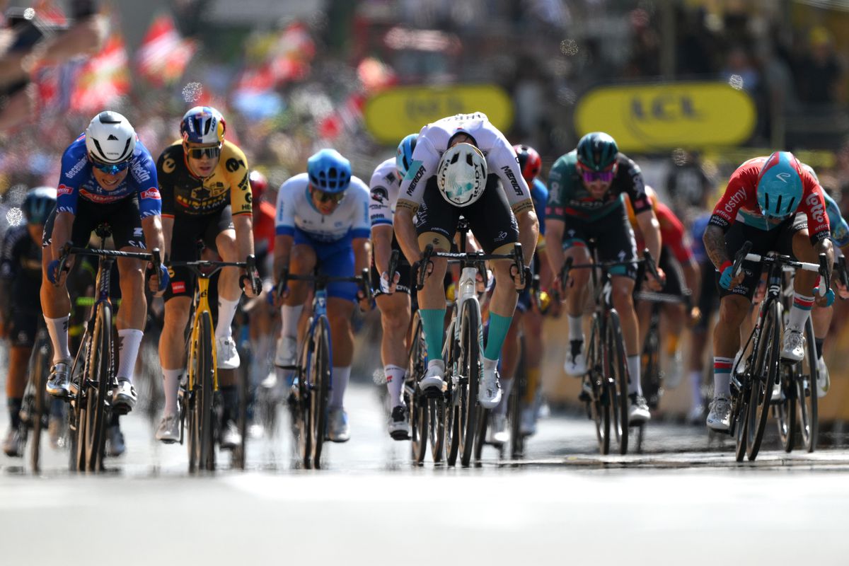 Jasper Philipsen of Belgium and Team Alpecin-Deceuninck, Wout Van Aert of Belgium and Team Jumbo-Visma, Phil Bauhaus of Germany and Team Bahrain Victorious and Caleb Ewan of Australia and Team Lotto Dstny sprint at finish line during the stage three of the 110th Tour de France 2023 a 193.5km stage from Amorebieta-Etxano to Bayonne / #UCIWT / on July 03, 2023 in Bayonne, France.