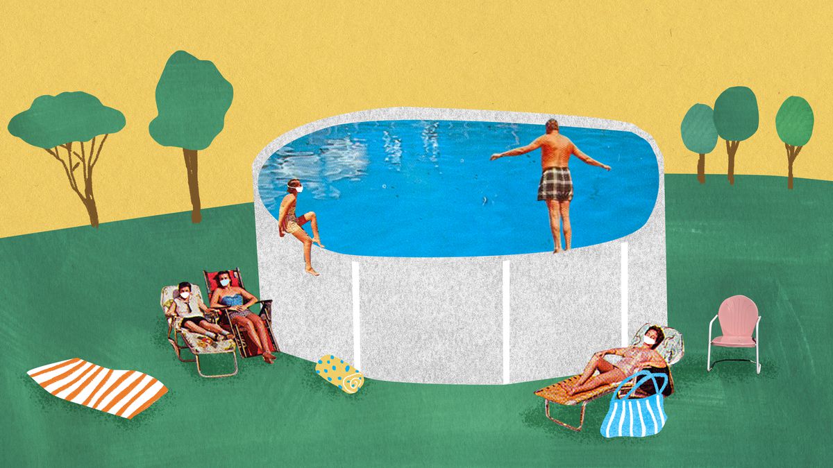 A group of white young adults lounge around an above ground swimming pool in a sprawling backyard. Illustration shows that above ground pools are popular during the coronavirus pandemic. 