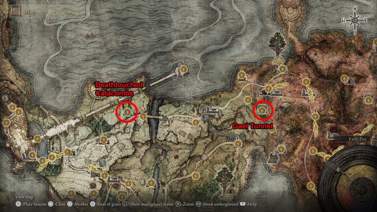 Elden Ring’s map, showing the location of two katanas to help in the Godskin Noble boss fight.