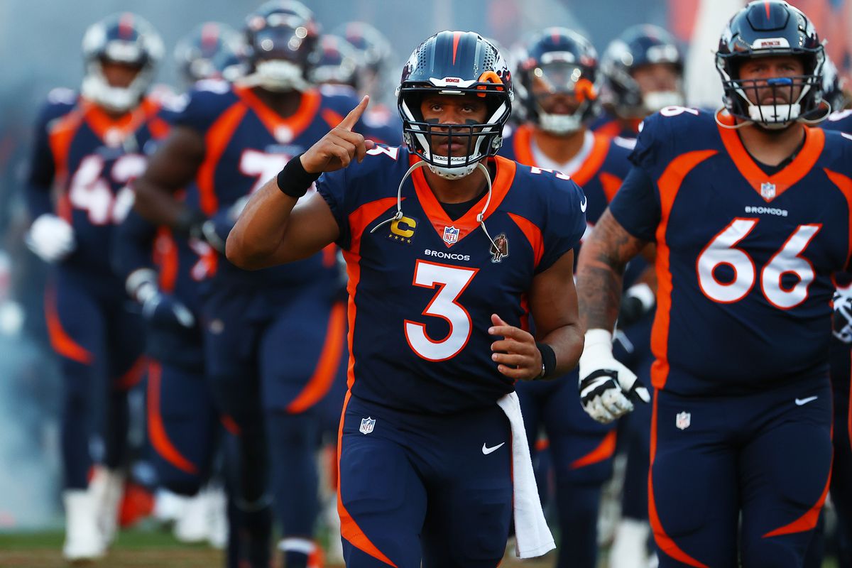 Russell Wilson #3 of the Denver Broncos takes the field against the San Francisco 49ers at Empower Field At Mile High on September 25, 2022 in Denver, Colorado.