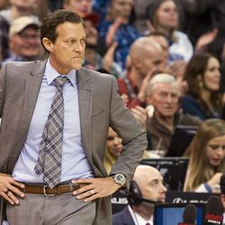 Utah head coach Quin Snyder watches his team play against Atlanta during an NBA basketball game at Vivint Smart Home Arena in Salt Lake City on Friday, Nov. 25, 2016. Utah shut down Atlanta en route to a 95-68 win.