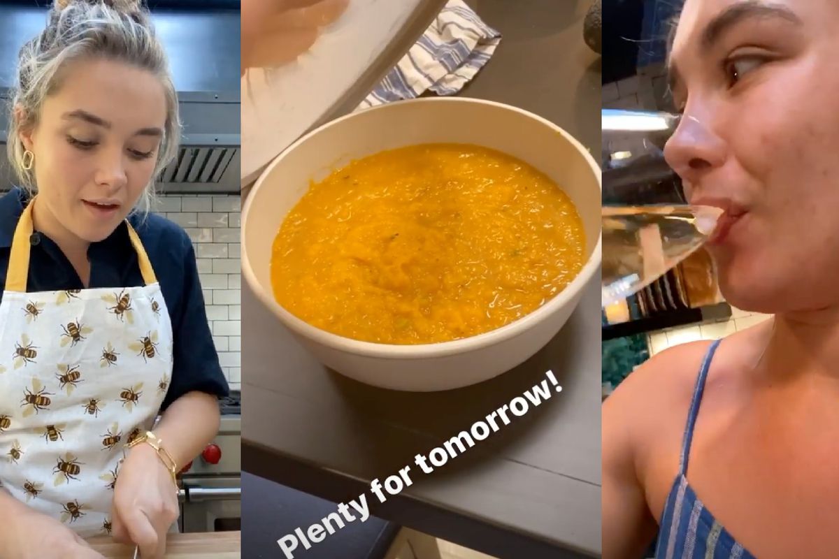 A triptych of Florence Pugh with her hair up in a bun, wearing a dark blue button-down and apron; a bowl of butternut squash soup; and Florence Pugh drinking white wine with ice cubes.