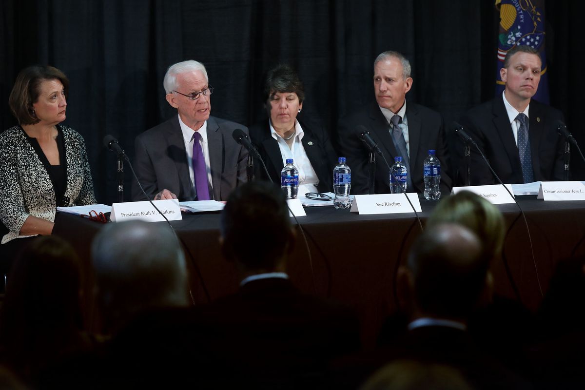 University of Utah President Ruth Watkins, left, John T. Nielsen, former Commissioner of Public Safety for the State of Utah, Sue Riseling, executive director, International Association of Campus Law Enforcement Administrators, Keith Squires, Senior Vice 