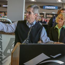 Bill Wyatt, executive director of the Salt Lake City Department of Airports, speaks at the opening for the Touch 'N Go Convenience Store at the new park and wait lot at the Salt Lake City International Airport in Salt Lake on Tuesday, Dec. 19, 2017.