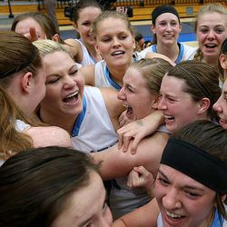 Sky View celebrates after winning the 4A championship game against Skyline at Salt Lake Community College on Saturday, Feb. 21, 2015.