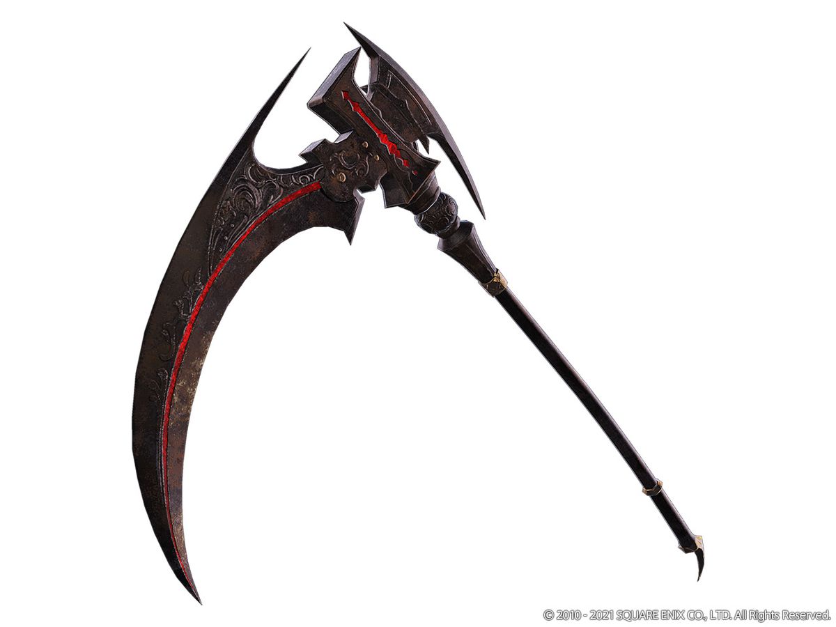 A black and red scythe model from Final Fantasy 11 as seen in Final Fantasy 14
