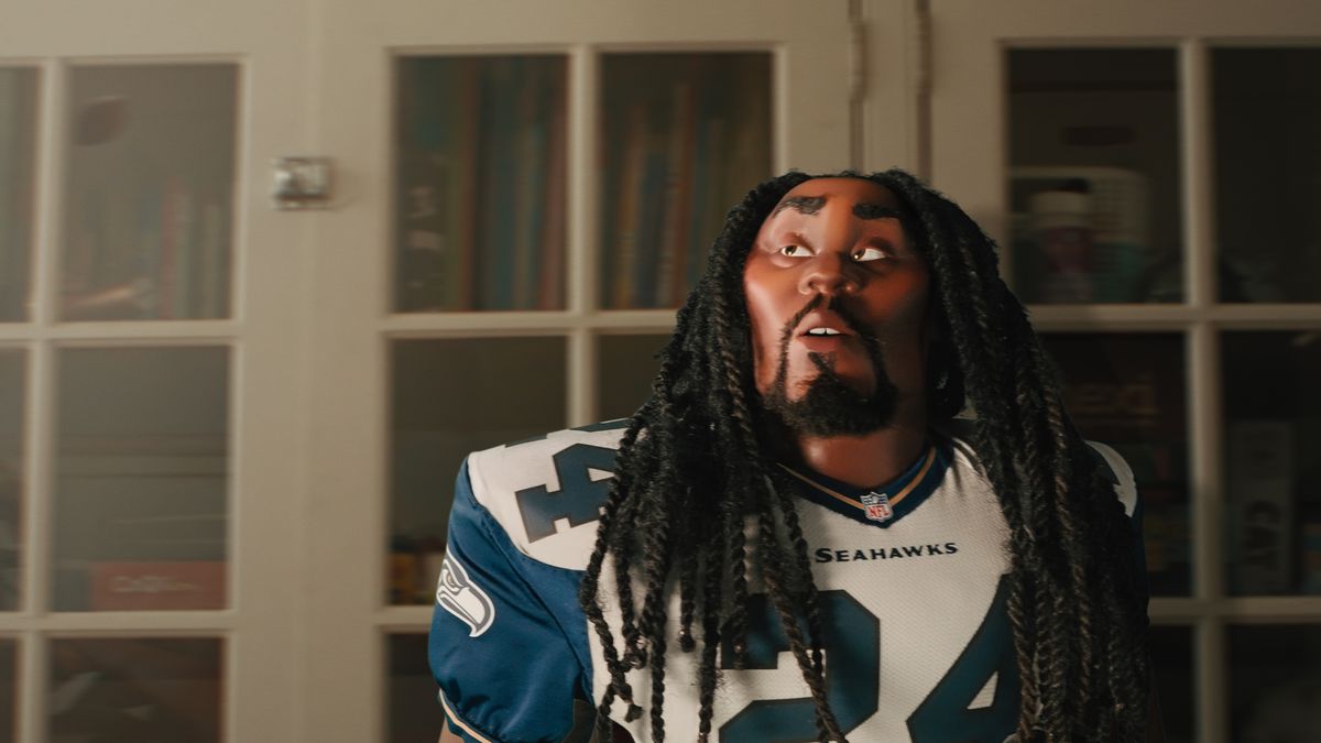 A screengrab of Marshawn Lynch from the NFL’s Super Bowl commercial.