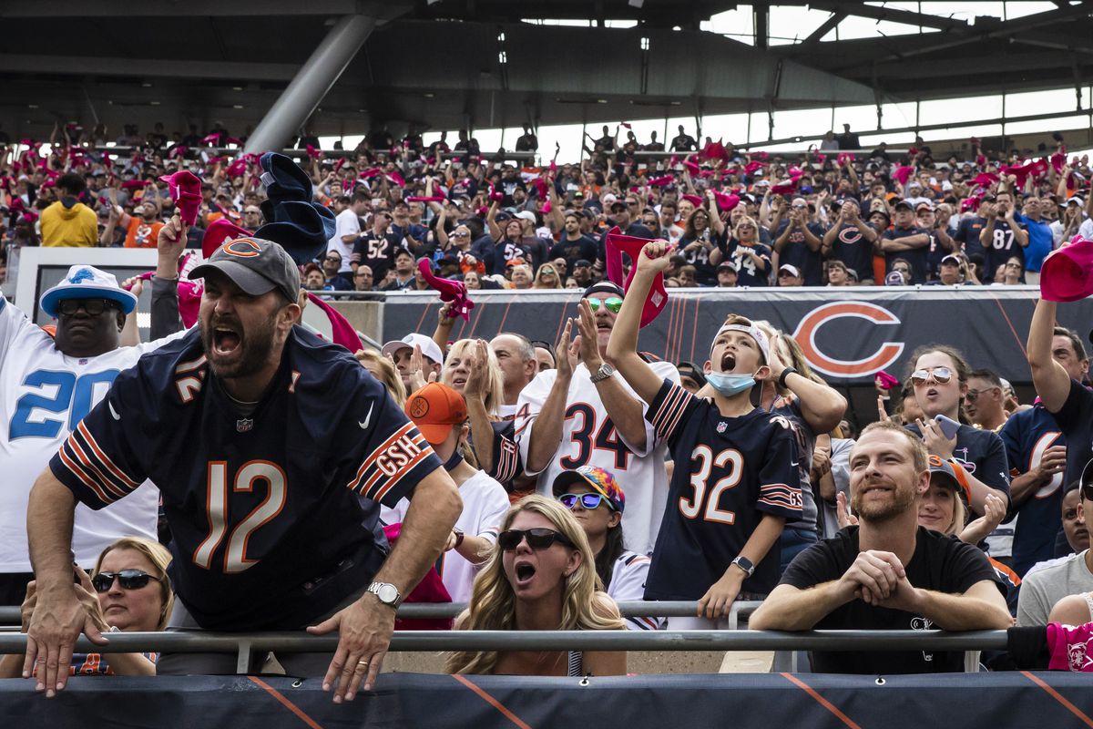 Fans cheer as the Chicago Bears take on the Detroit Lions at Soldier Field, Sunday, Oct. 3, 2021.