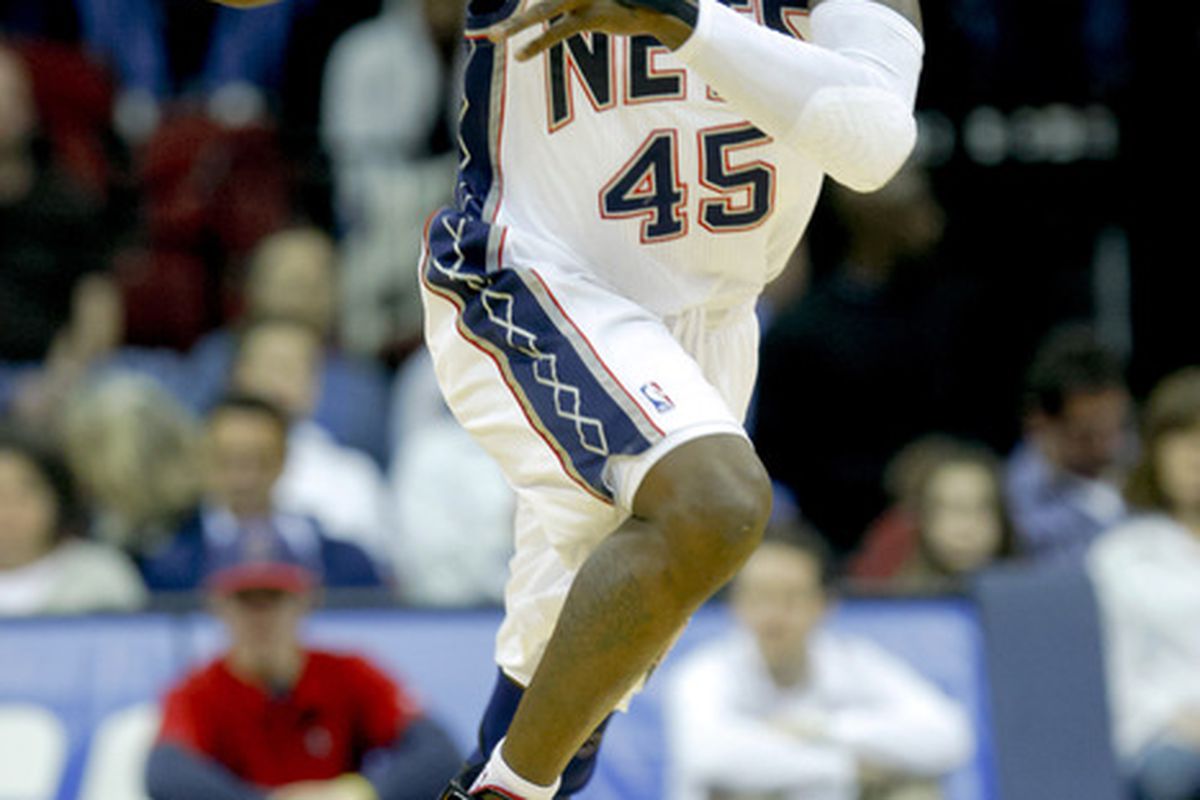 Mar 28, 2012; Newark, NJ, USA;  New Jersey Nets small forward Gerald Wallace (45) brings the ball up court during the first half against the Indiana Pacers at the Prudential Center. Mandatory Credit: Jim O'Connor-US PRESSWIRE