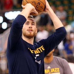 Utah Jazz forward Gordon Hayward (20) warms up for game 4 of the second round of NBA playoffs against the Golden State Warriors at the Vivint Smart Home Arena in Salt Lake City on Monday, May 8, 2017. 