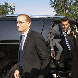 Chad Griffin, president of the Human Rights Campaign, left, and Adam Umhoefer, executive director of the American Foundation for Equal Rights arrive at the Supreme Court in Washington, Wednesday, June 26, 2013. 