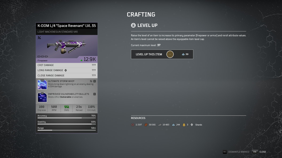 Level Up menu in Outriders