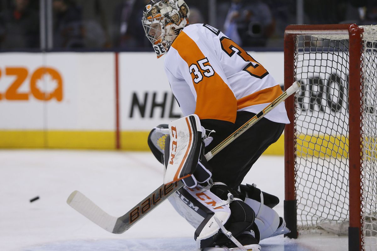 Steve Mason seen warming up pre-game against Toronto on February 26 -- the very appearance that may have led to Jeff Reese's departure.