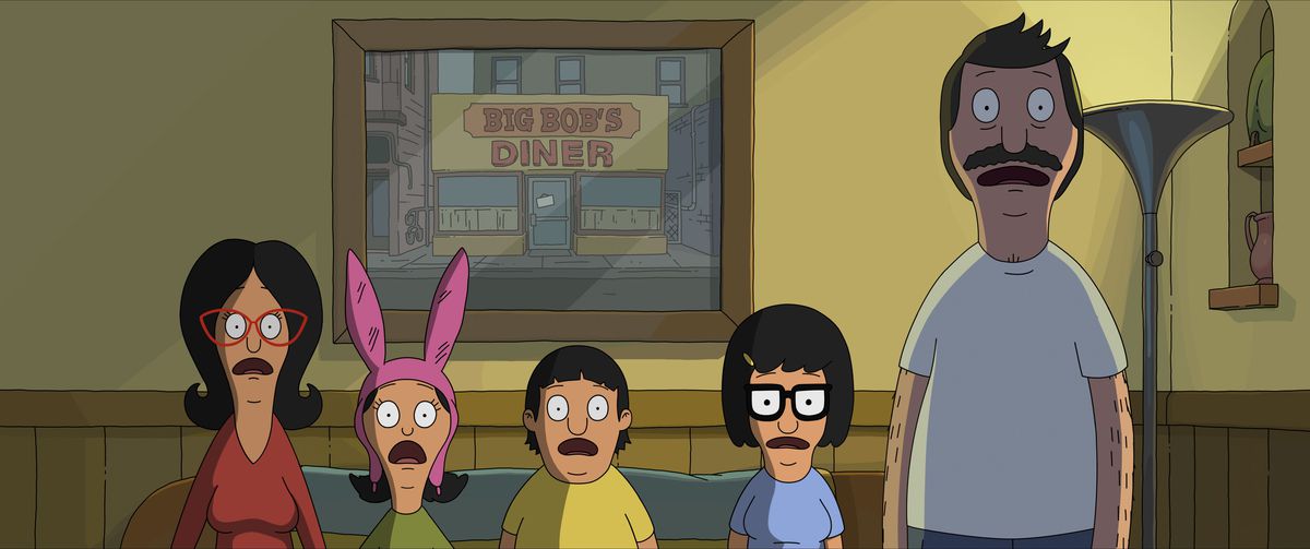 Linda Belcher (voiced by John Roberts), Louise Belcher (voiced by Kristen Schaal), Gene Belcher (voiced by Eugene Mirman), Tina Belcher (voiced by Dan Mintz), and Bob Belcher (voiced by H. Jon Benjamin) in 20th Century Studios’ THE BOB’S BURGERS MOVIE