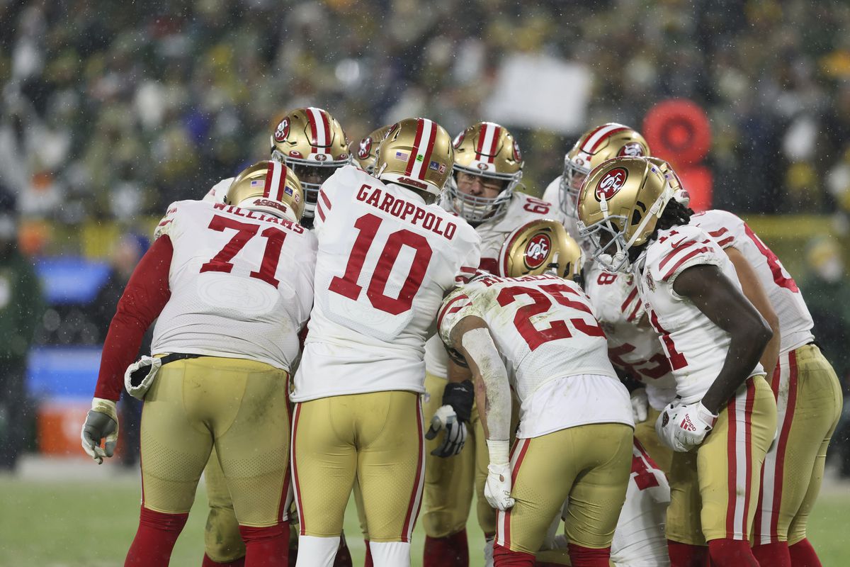 Rear view of San Francisco 49ers QB Jimmy Garoppolo (10) in huddle with teammates on field during game vs Green Bay Packers at Lambeau Field. Green Bay, WI 1/22/2022 CREDIT: Jeff Haynes (Photo by Jeff Haynes/Sports Illustrated via Getty Images)