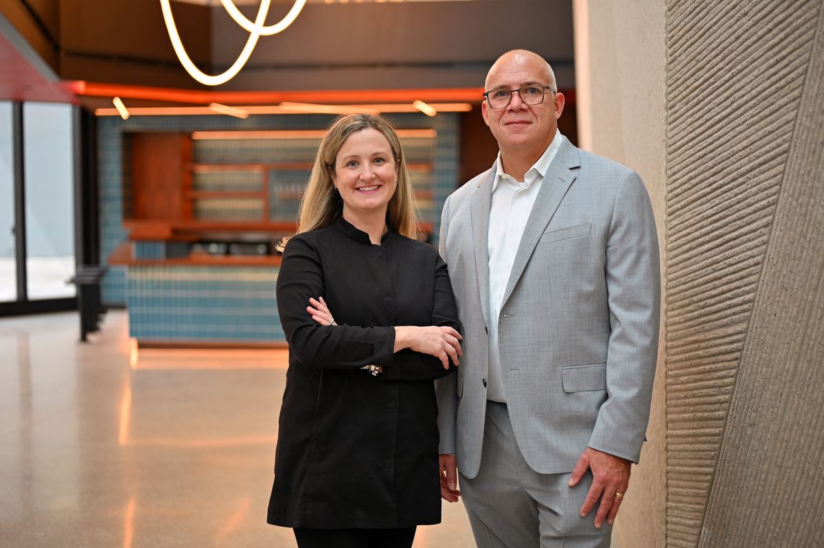 Brooke Flanagan, executive director for Steppenwolf Theatre Company, and architect Gordon Gill of Adrian Smith + Gordon Gill Architecture, are photographed earlier this month  at the new Steppenwolf Theatre campus on Halsted Street.