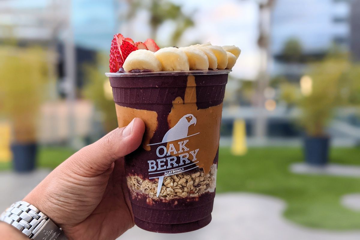 Acai with layered peanut butter, berries, and granola from Oakberry in Playa Vista, Los Angeles.