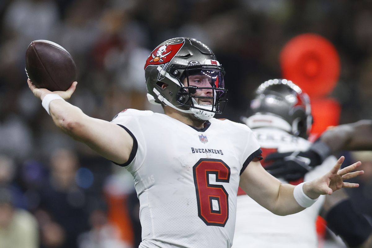 NEW ORLEANS, LOUISIANA - OCTOBER 01: Baker Mayfield #6 of the Tampa Bay Buccaneers attempts a pass during the fourth quarter against the New Orleans Saints at Caesars Superdome on October 01, 2023 in New Orleans, Louisiana.
