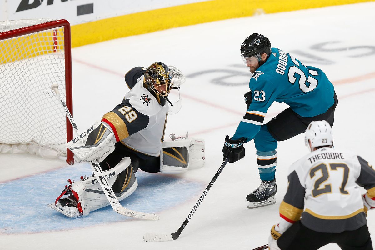 SAN JOSE, CA - APRIL 23: Barclay Goodrow #23 of the San Jose Sharks scores a goal in overtime against Marc-Andre Fleury #29 of the Vegas Golden Knights in Game Seven of the Western Conference First Round during the 2019 NHL Stanley Cup Playoffs 