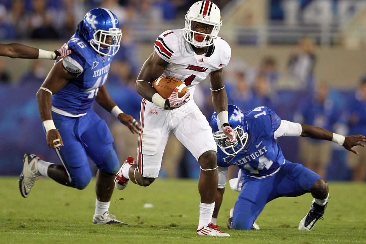 LEXINGTON, KY - SEPTEMBER 17:  Josh Bellamy #1 of the Louisville Cardinals runs with the ball during the game against the Kentucky Wildcats at Commonwealth Stadium on September 17, 2011 in Lexington, Kentucky.  (Photo by Andy Lyons/Getty Images)