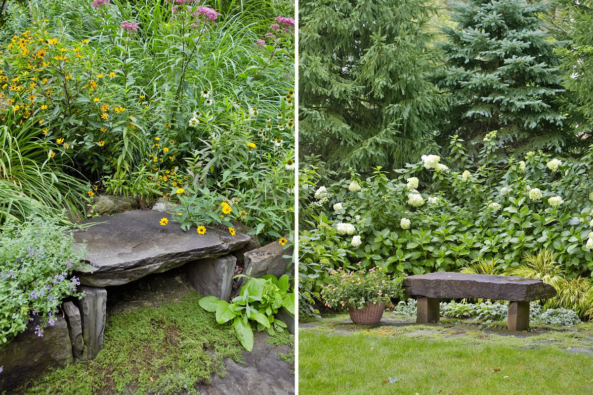 Resting spot and stone bench in garden