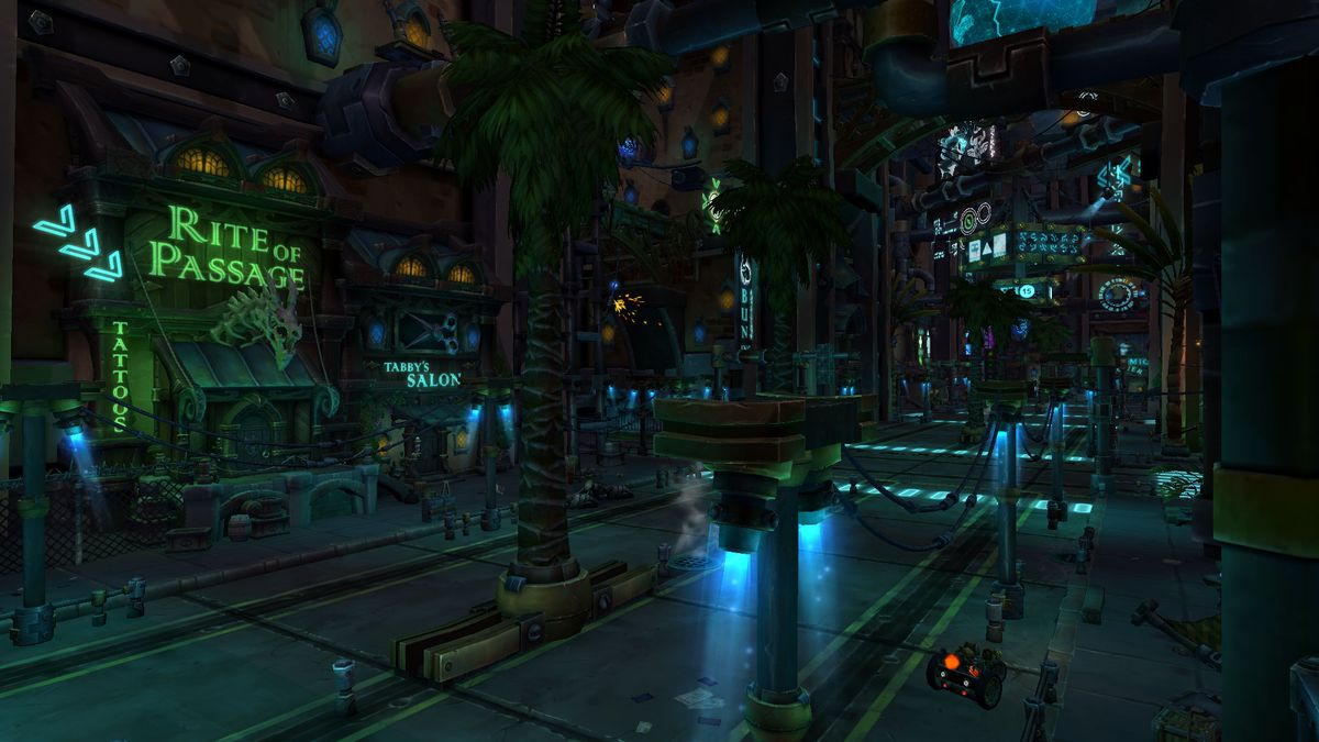 A screenshot of Fission Heights, a busy goblin city created in World of Warcraft fan client Epsilon.