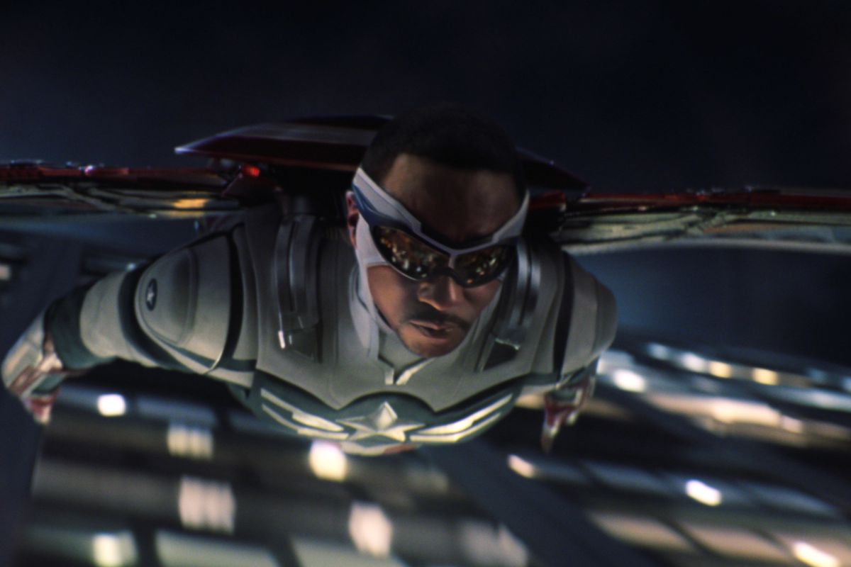 Anthony Mackie soaring into action as Sam Wilson, the new Captain America.