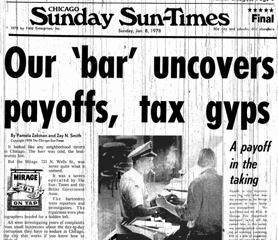 The Jan. 8, 1978, Chicago Sun-Times front page, the first story in “The Mirage” series.